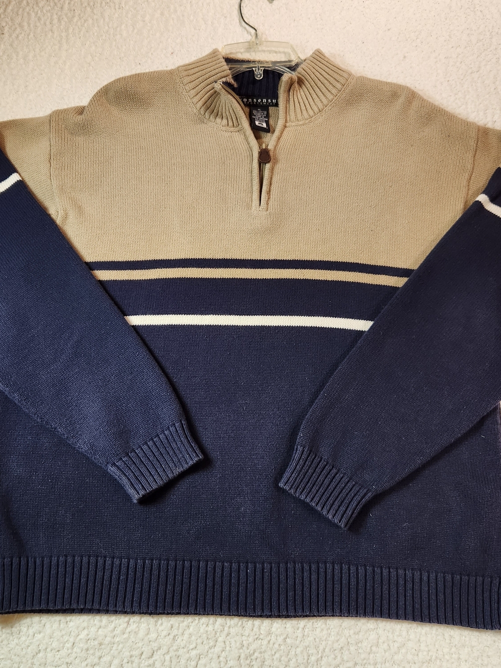 Vintage Consensus Sportswear XL 1/4 Zip Cotton Sweater Tan Navy Striped Made UK